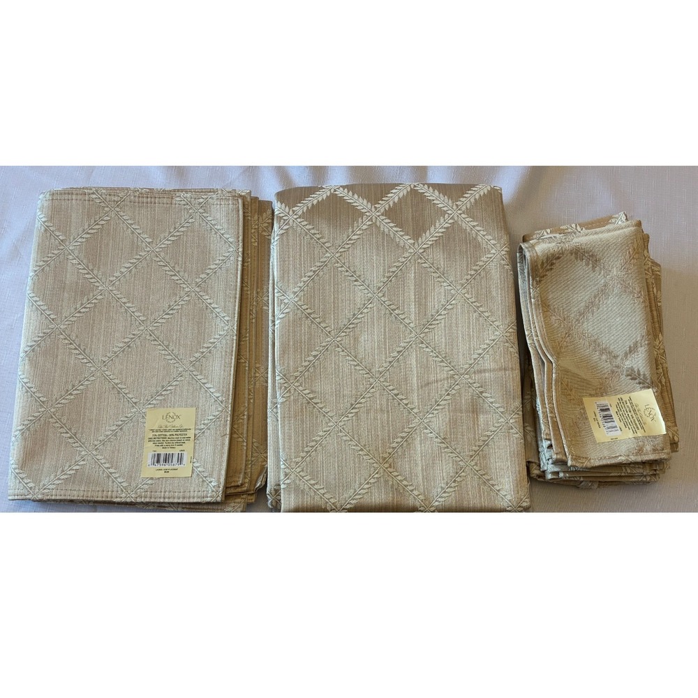Lenox Laurel Leaf Linen Bundle 90" Round Tablecloth, 7 Napkins & 6 Placemats New